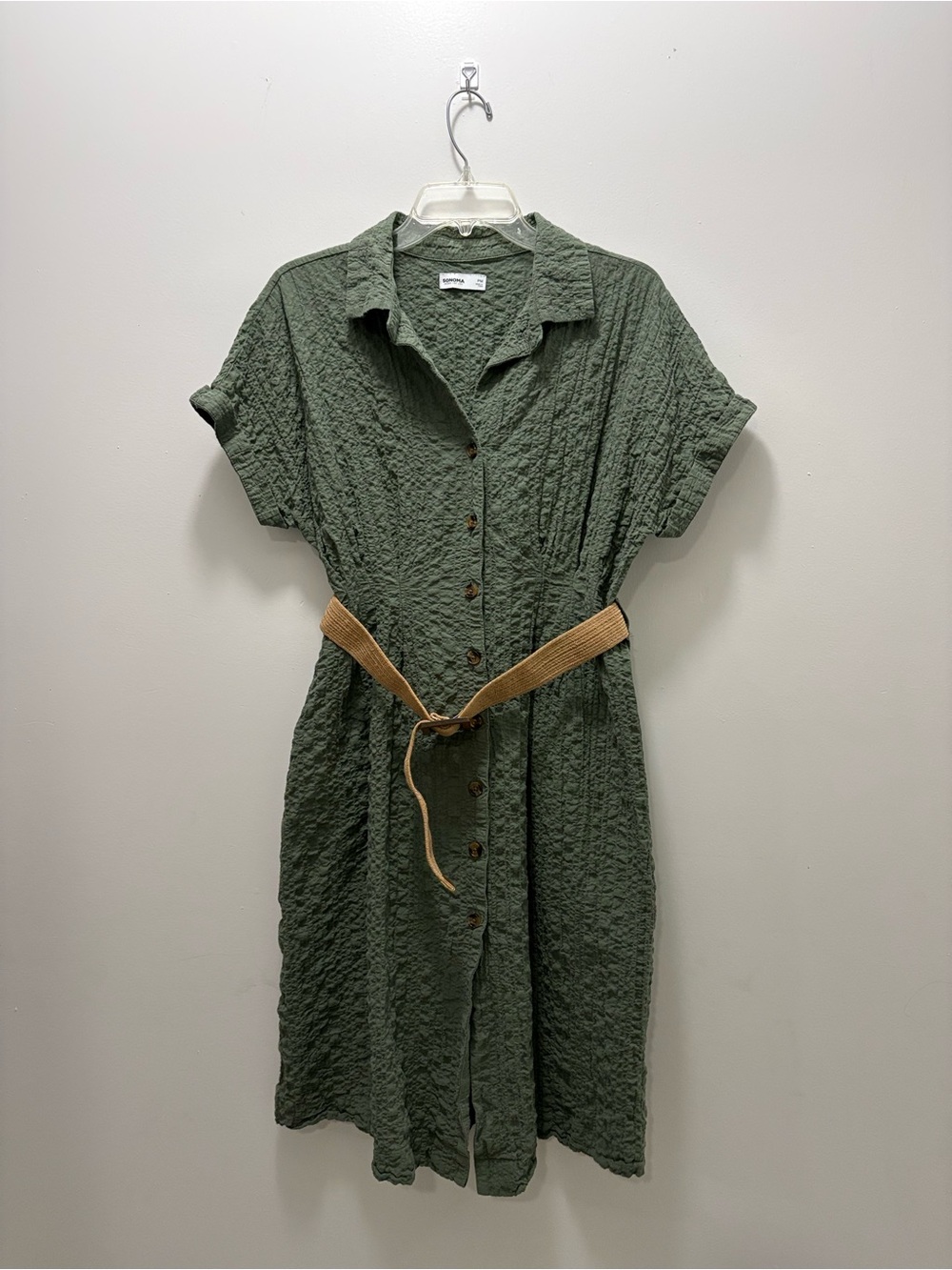 Sonoma Olive Green Textured Button-Front Midi Dress